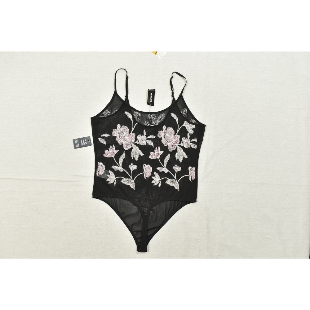 Express Black Mesh Floral Embroidered Bodysuit - Picture 8 of 8